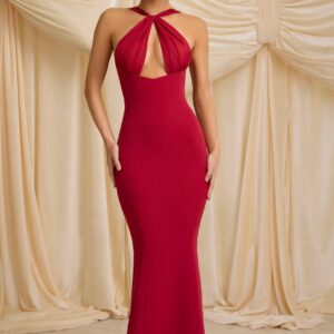 Xanthia Pearl-Detail Halterneck Maxi Dress in True Red