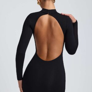 Yara Open-Back Long-Sleeve Mini Dress in Black